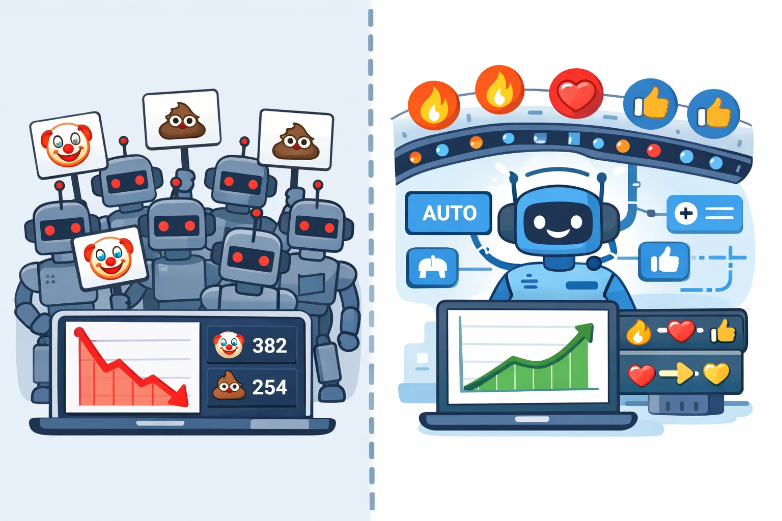 Боты атакуют пост негативными реакциями, а умная система перекрывает их позитивными эмодзи и восстанавливает рост.