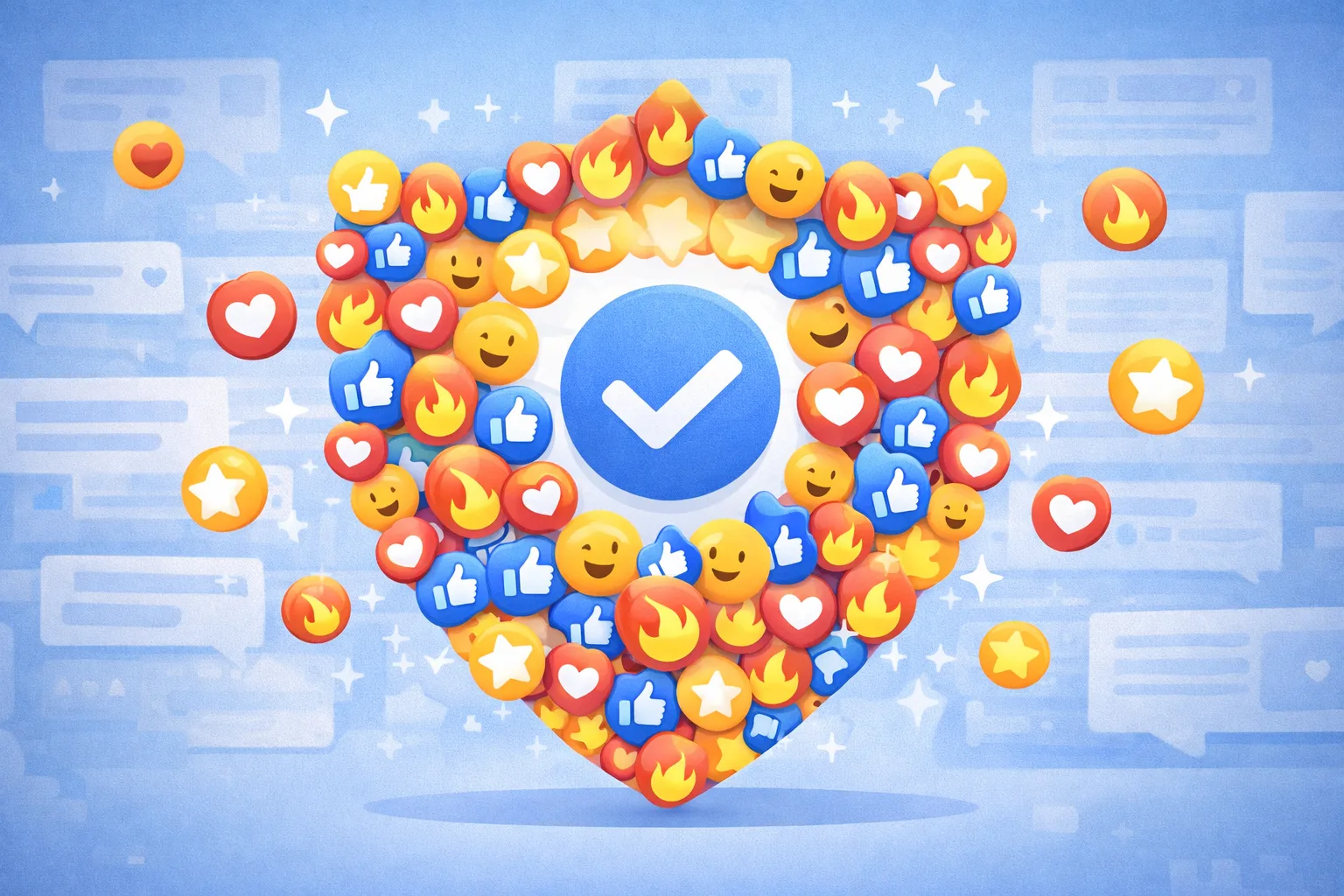 Щит доверия, собранный из эмодзи-реакций, лайков, огней, сердец и звезд, на фоне интерфейса соцсети, символизирующий социальное доказательство и доверие к контенту.