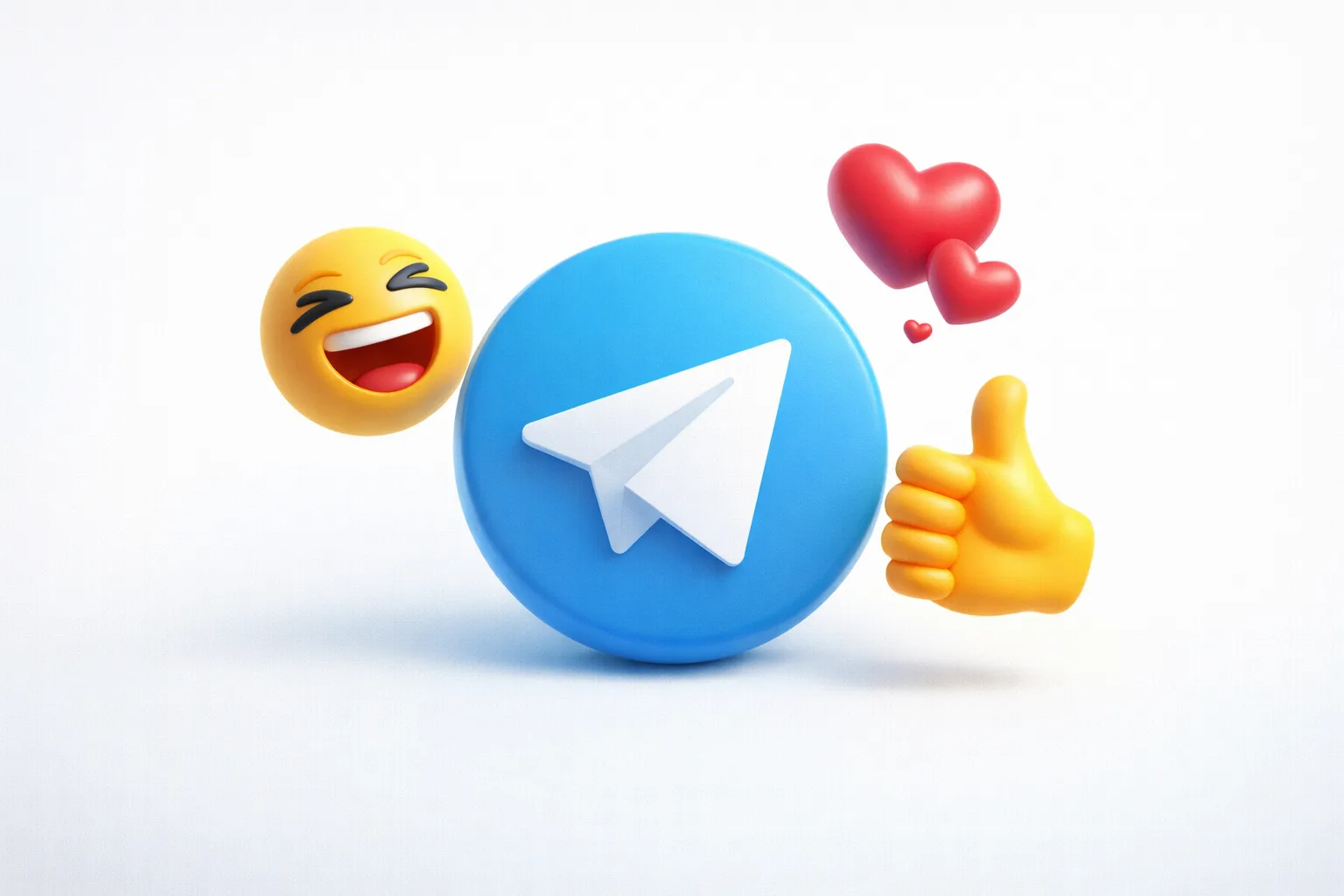 3D логотип Telegram, вокруг объёмные эмодзи реакций: лайк, сердце и смеющийся смайлик на светлом фоне.