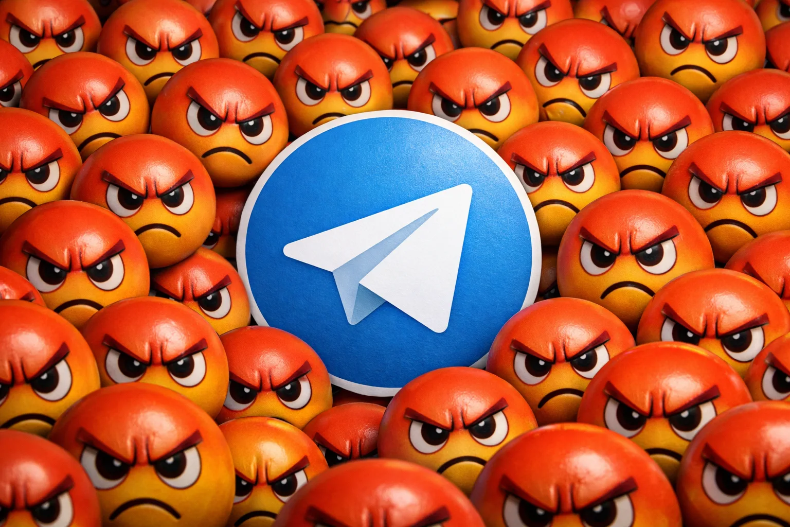 Логотип Telegram среди множества злых эмодзи с сердитыми лицами.
