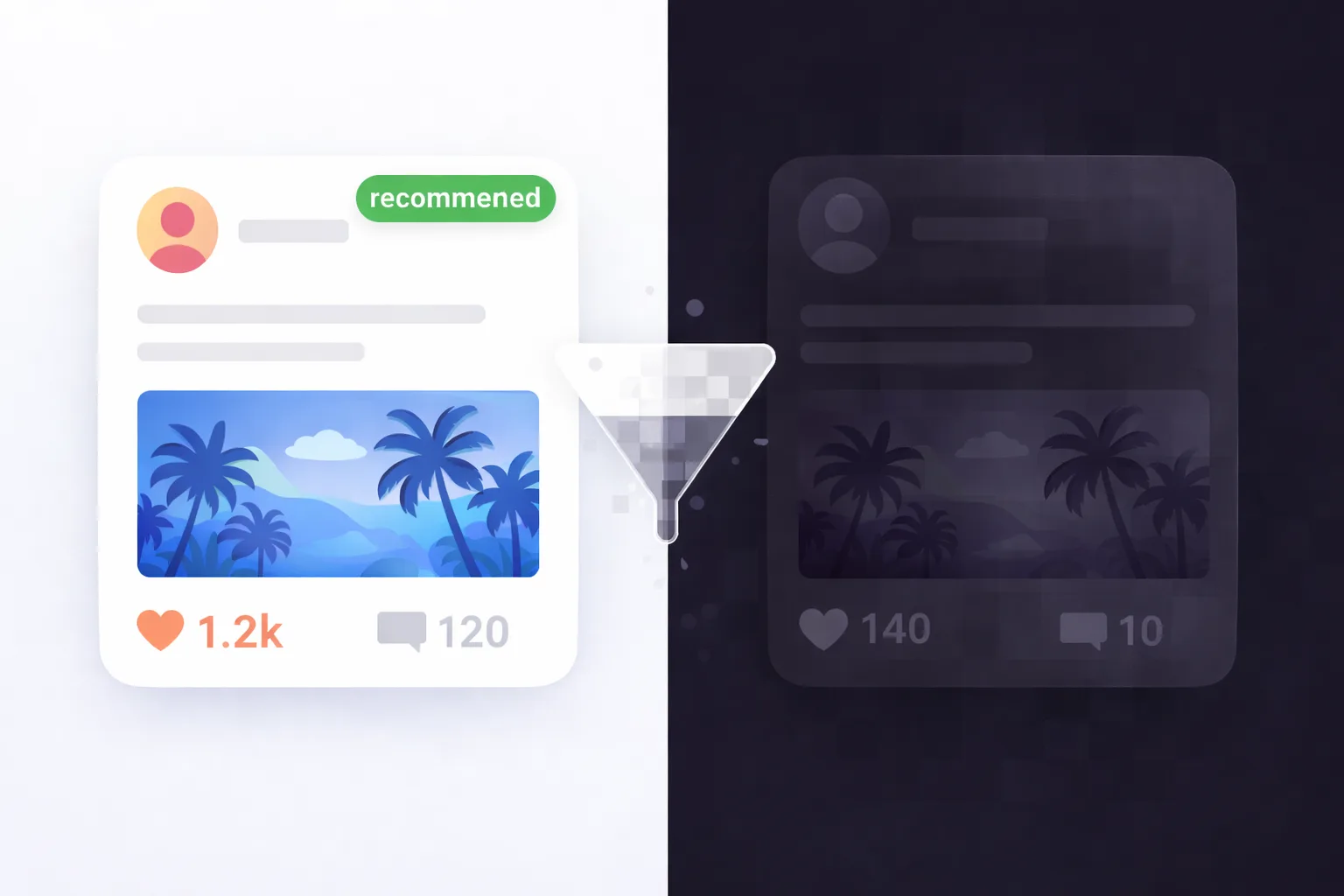 Сравнение обычного поста и поста в теневом бане: слева высокий охват, справа сниженная видимость.