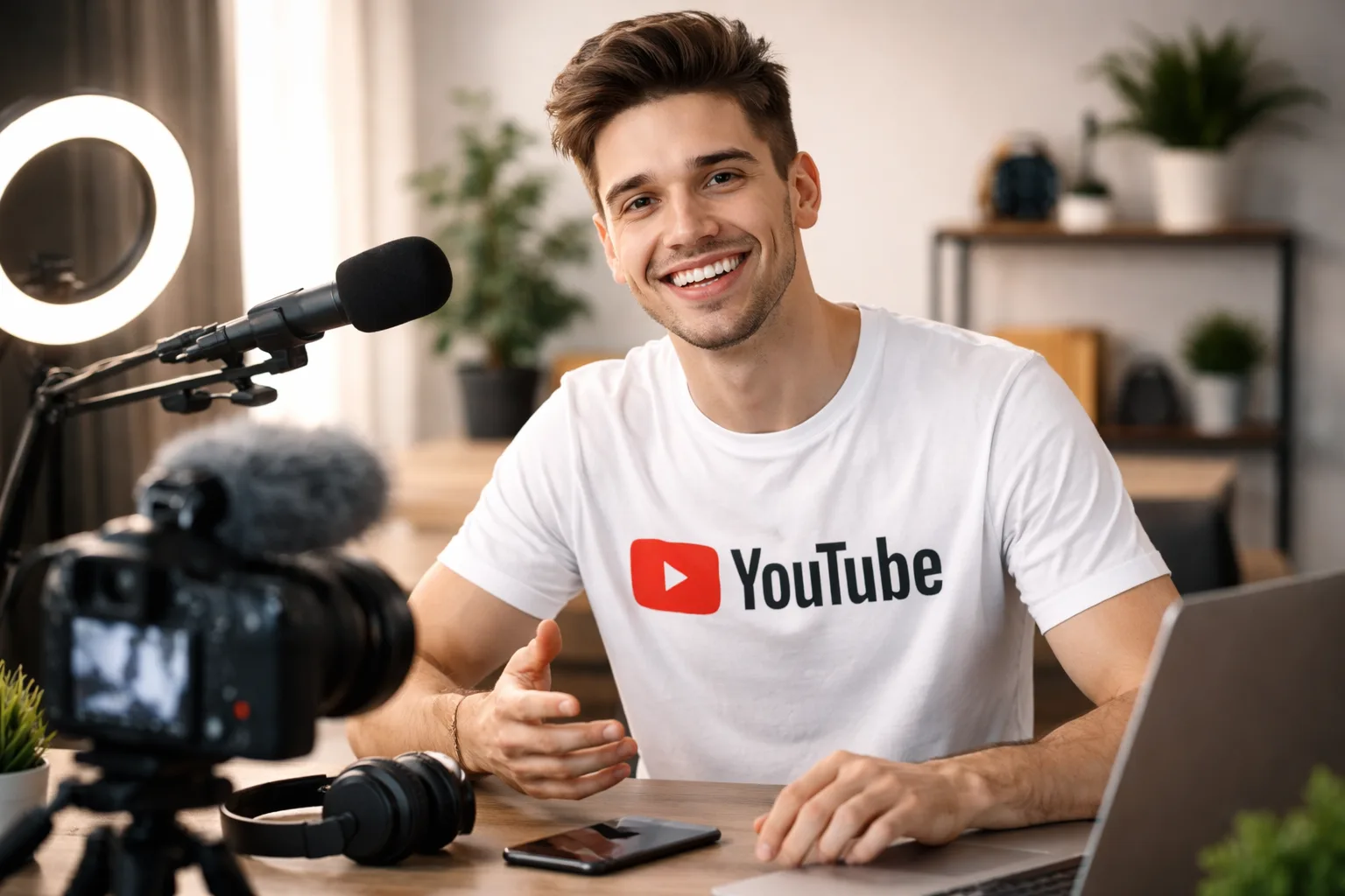 Контент-мейкер в белой футболке с логотипом YouTube сидит за столом перед камерой и микрофоном в домашней студии.