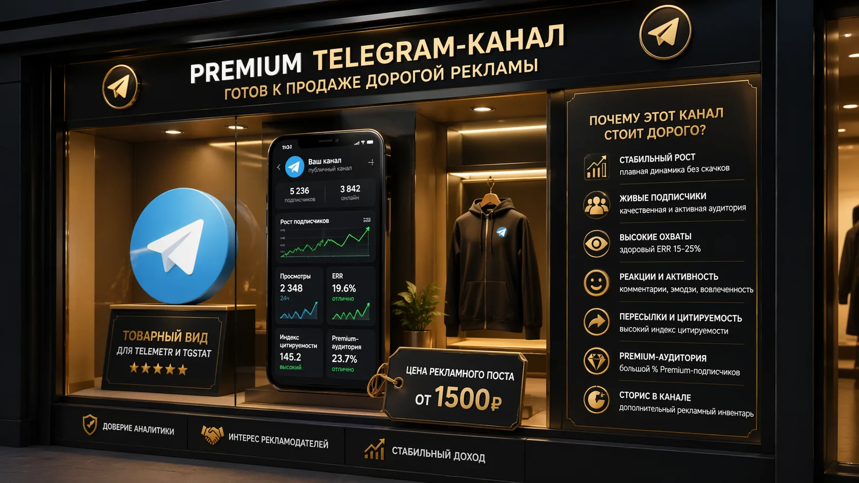 Premium Telegram-канал как витрина магазина с аналитикой, ростом подписчиков и ценой рекламного поста.