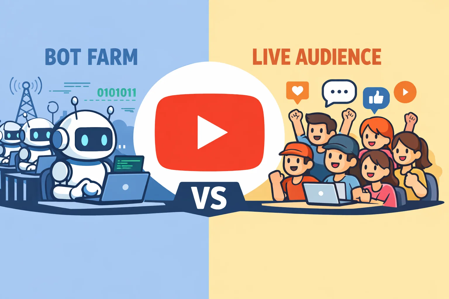 Бот-ферма против живой аудитории, в центре логотип YouTube.