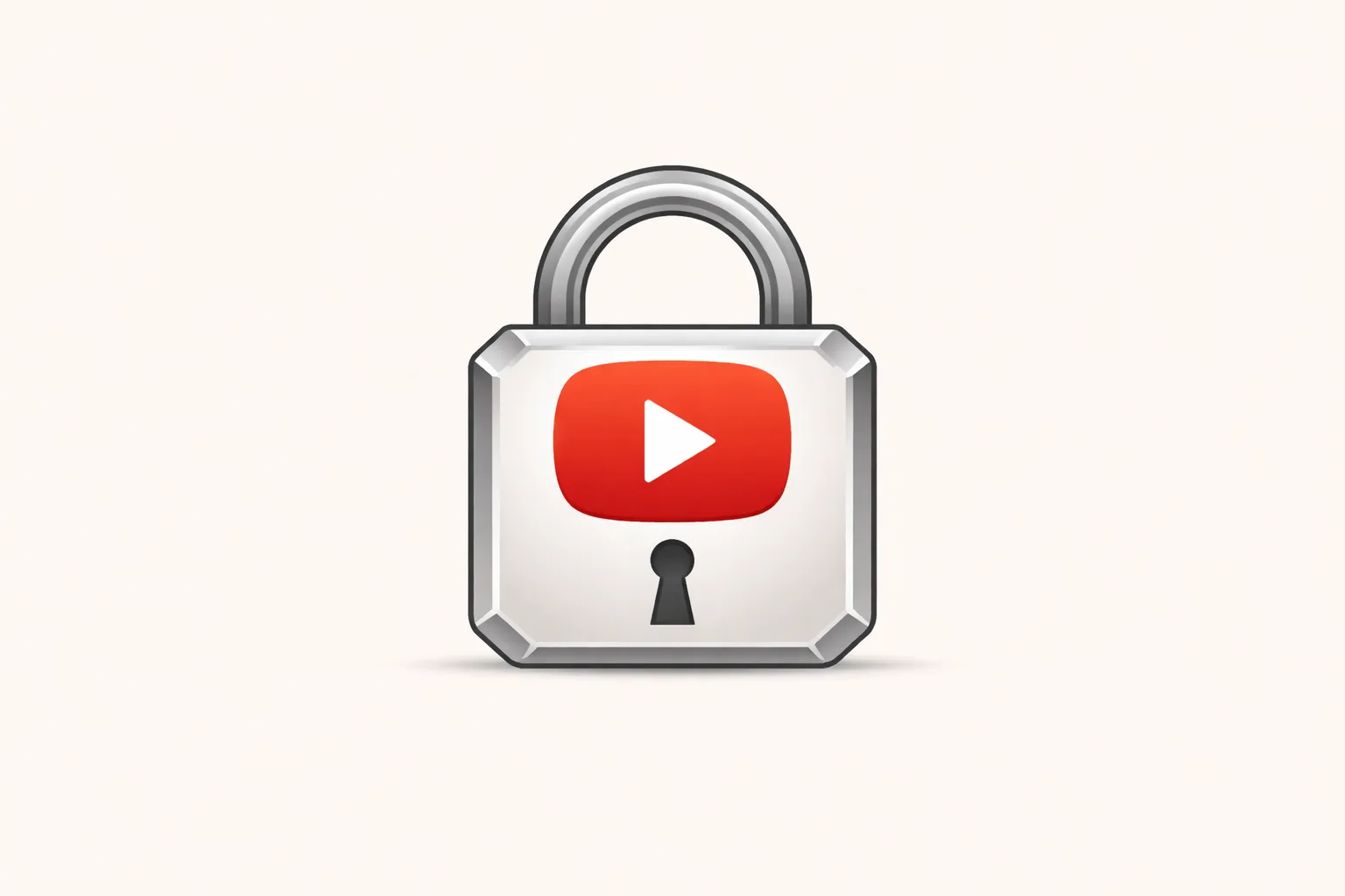 Серый замок с замочной скважиной, в центре крупный красный логотип YouTube.