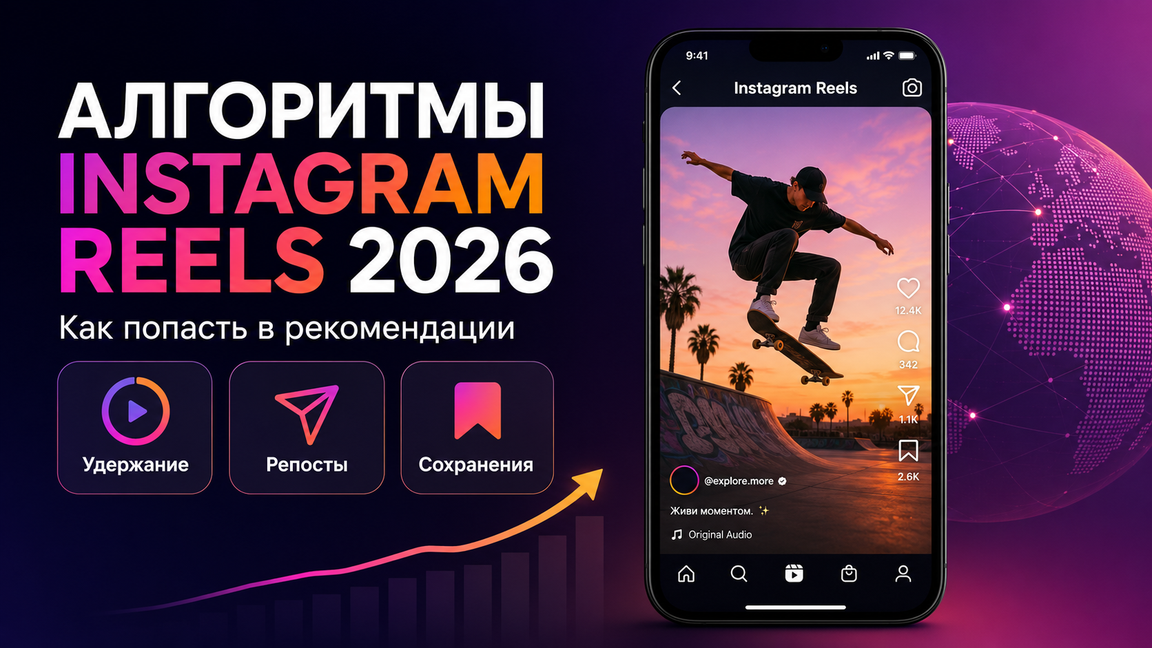Иллюстрация про алгоритмы Instagram Reels в 2026 году с телефоном, метриками удержания, репостов и сохранений.