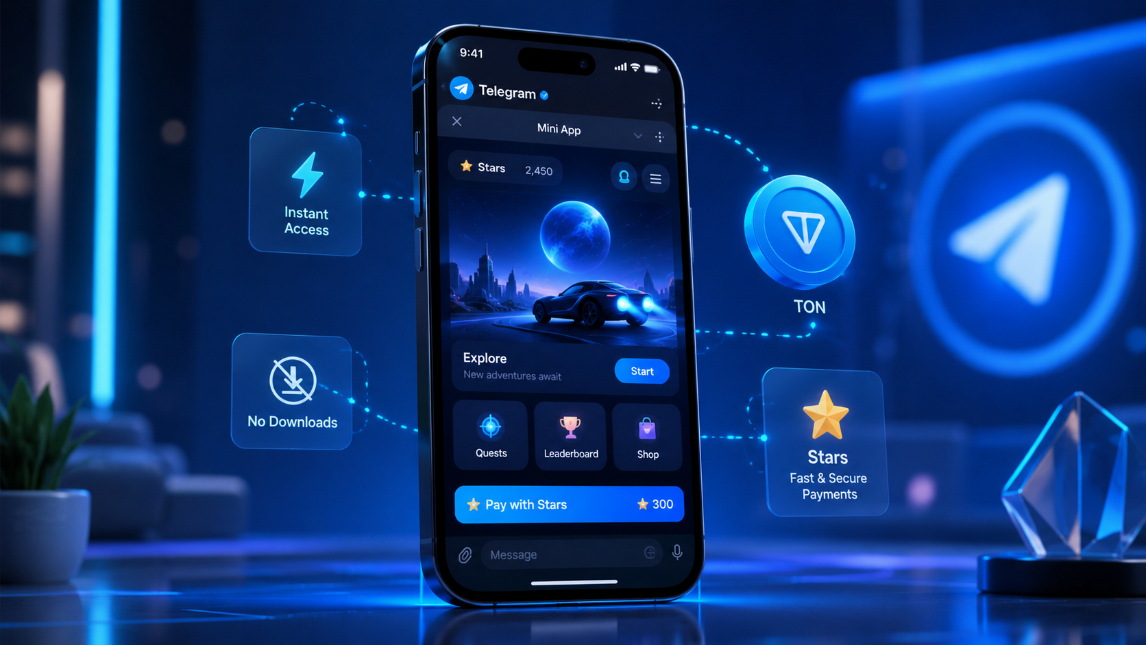 Интерфейс Telegram Mini App на смартфоне с оплатой через Telegram Stars, интеграцией TON, мгновенным доступом и запуском без скачивания.