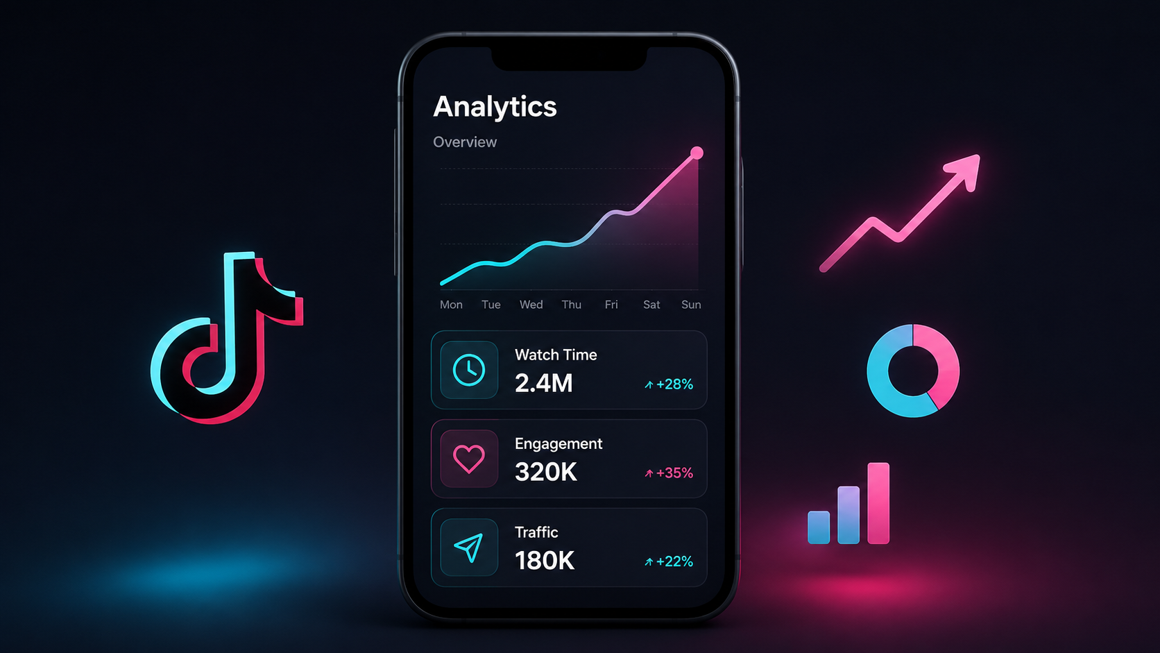 Минималистичная иллюстрация TikTok Analytics с графиком роста, Watch Time, Engagement и Traffic.