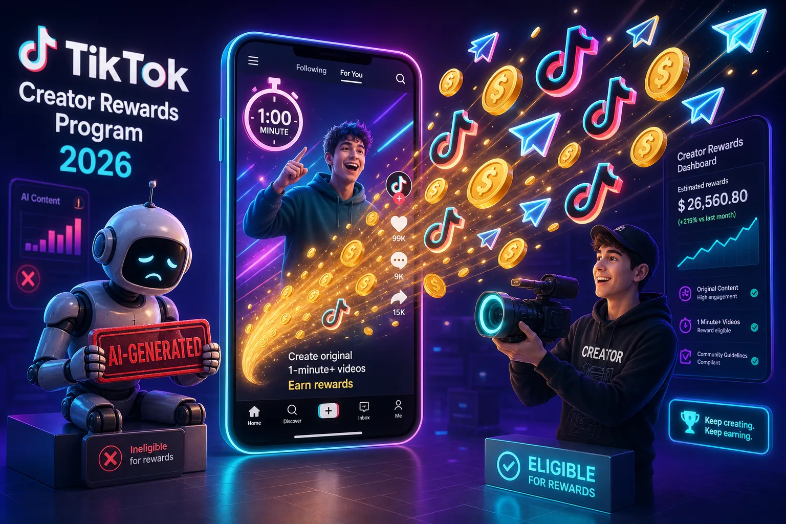TikTok Creator Rewards Program 2026 с оригинальным контентом, монетами, ИИ-фильтром, автором с камерой и панелью выплат
