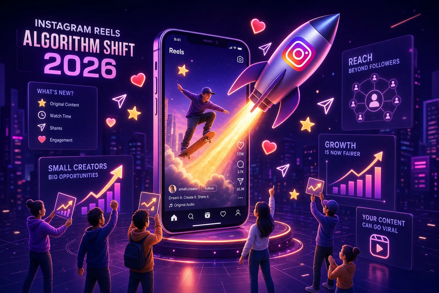 Обновление алгоритма Instagram Reels 2026 с ростом охватов, ракетой, графиками и возможностями для малых авторов