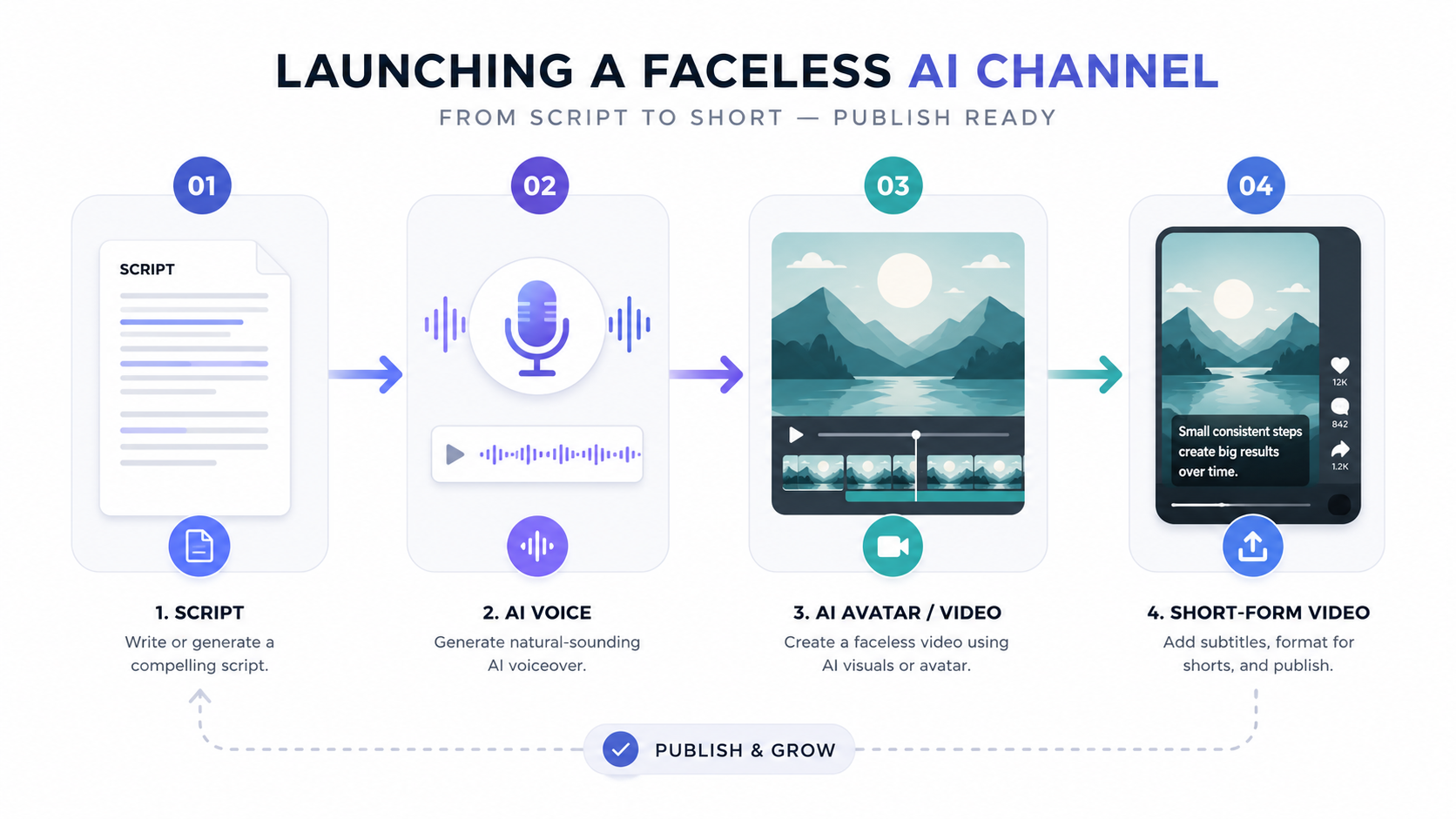 Процесс создания faceless-канала: сценарий, ИИ-озвучка, генерация аватара и публикация короткого видео