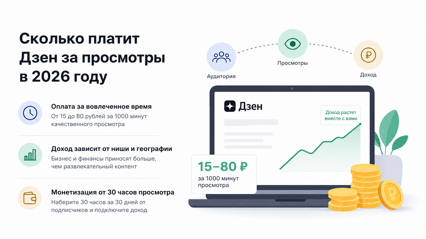 Сколько Дзен платит за просмотры в 2026 году — выплаты за вовлеченное время, условия монетизации и рост дохода.