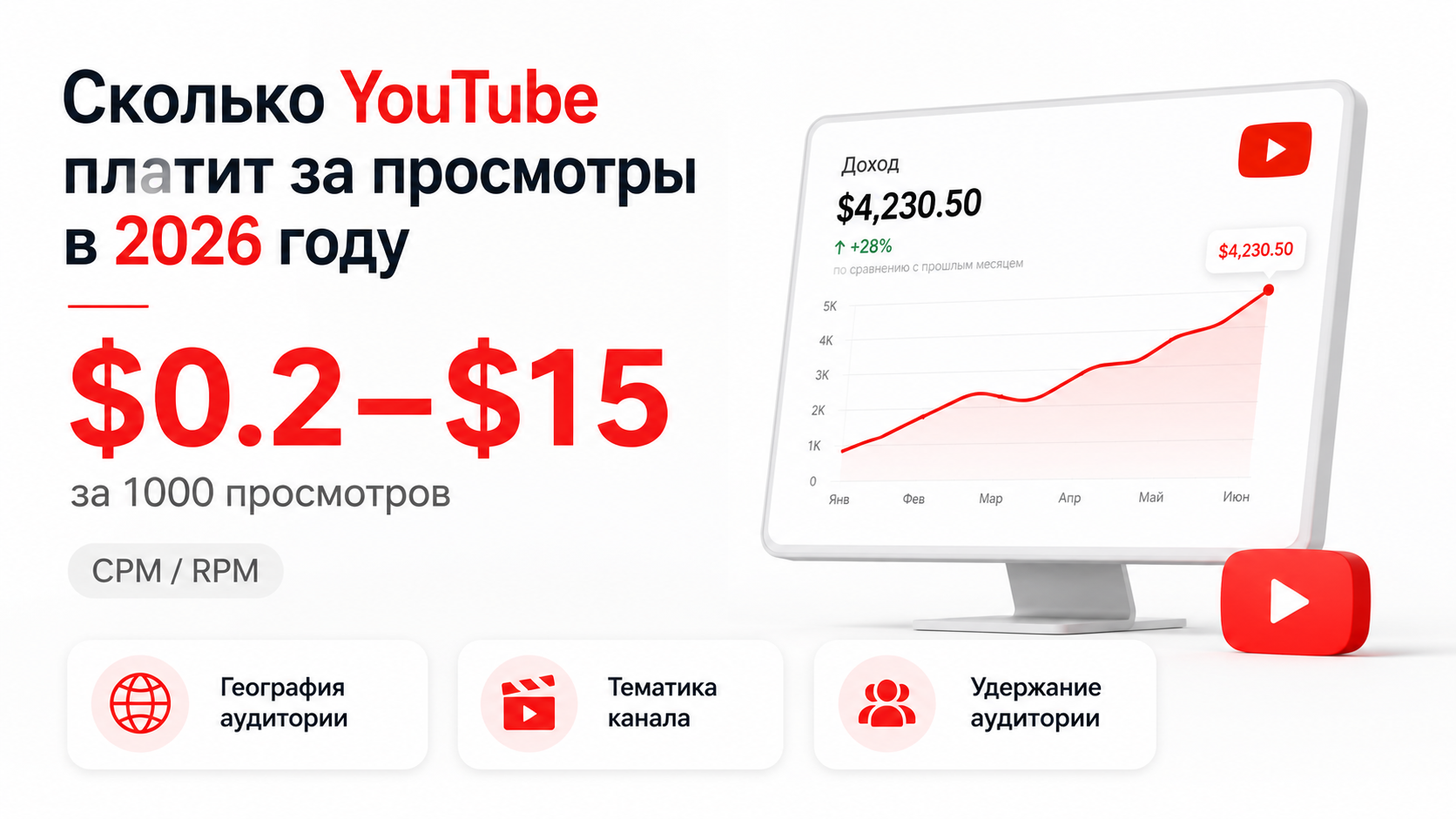 Сколько YouTube платит за 1000 просмотров в 2026 году