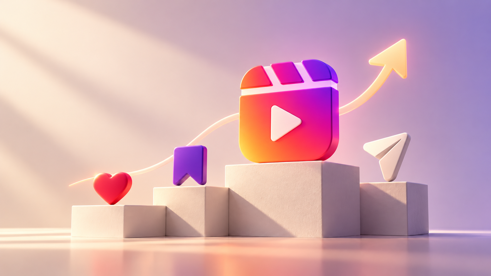 Иконка Instagram Reels с символами вовлеченности и стрелкой роста охватов